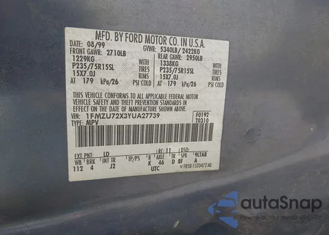 2000 Ford Explorer Xls из США, поврежденный, VIN 1FMZU72X3YUA27739